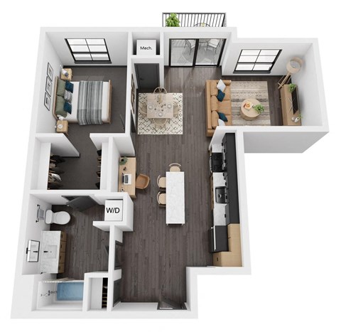 Floor plan for 1 bed, 1 bath, 691 sqft